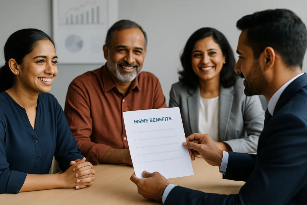 Indian entrepreneurs reviewing MSME benefits with legal advisor