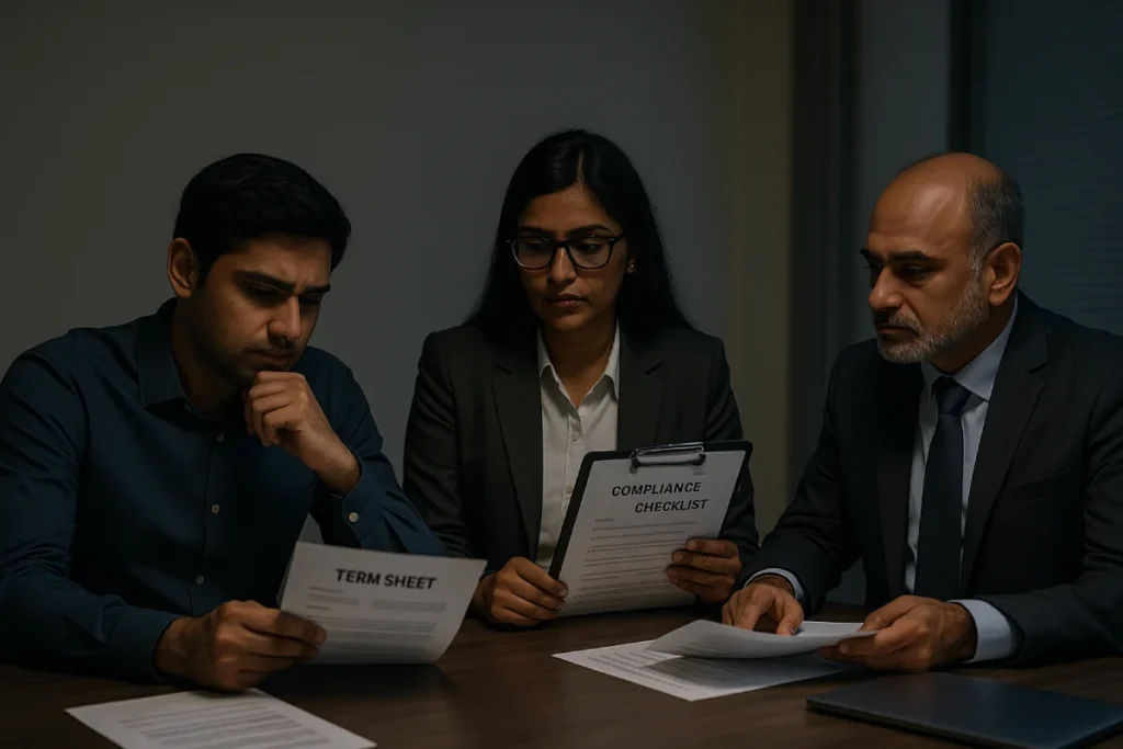 Founder with legal and CS counsel reviewing term sheet; DPDP, FEMA notes blurred