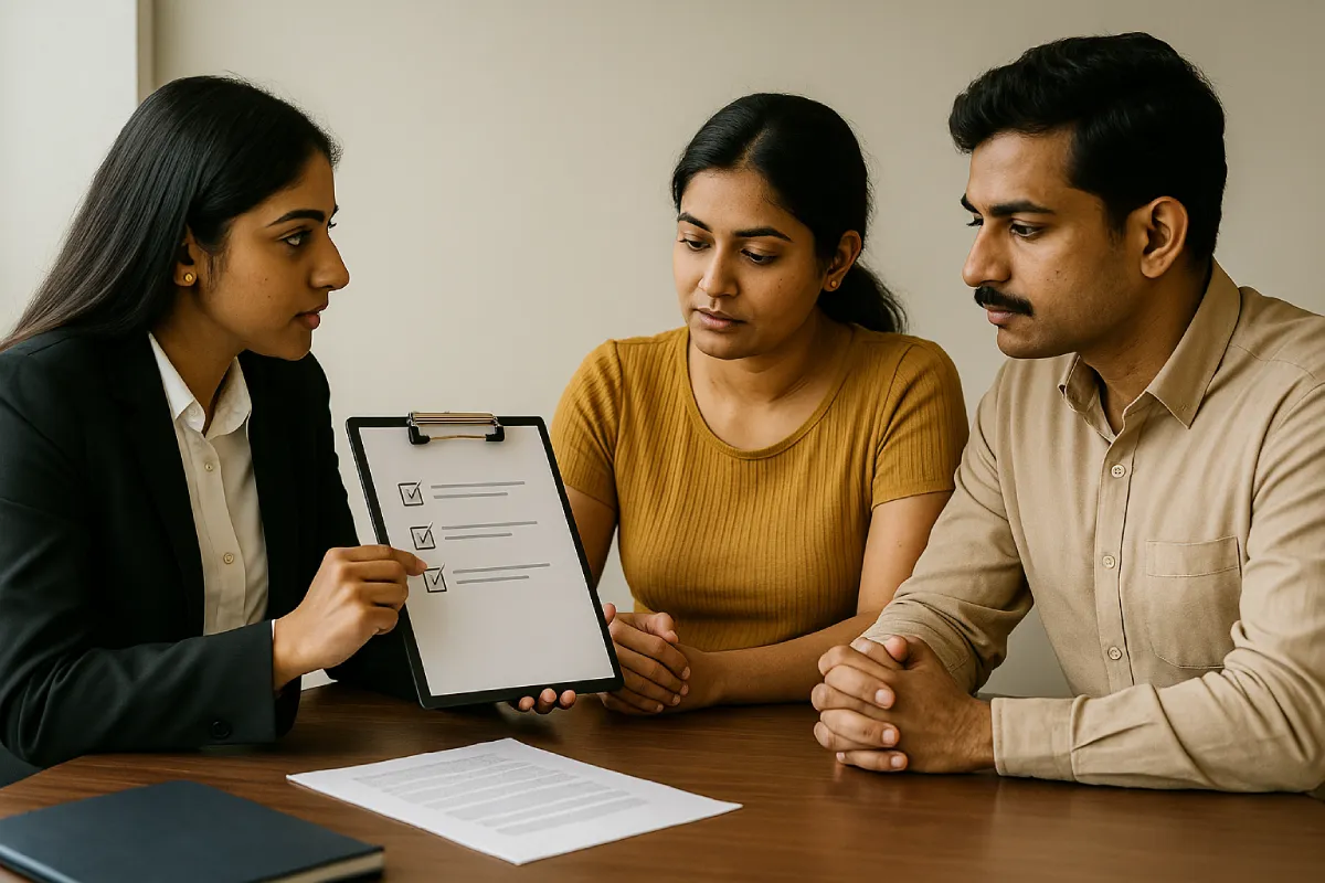 Hyderabad lawyer showing checklist to couple during legal consultation
