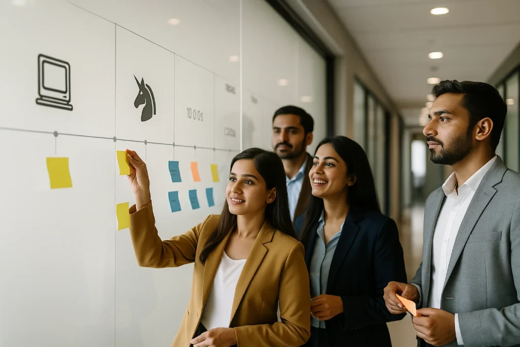 Evolution of the Indian startup ecosystem on glass timeline with sticky notes