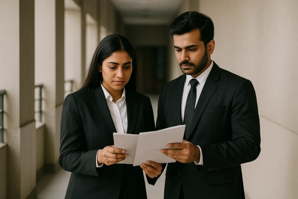 Criminal advocates in Hyderabad reviewing case file in courthouse corridor