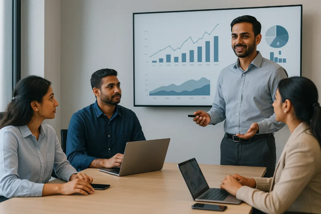 Hyderabad product manager presenting growth metrics to team, mobile-first startup culture
