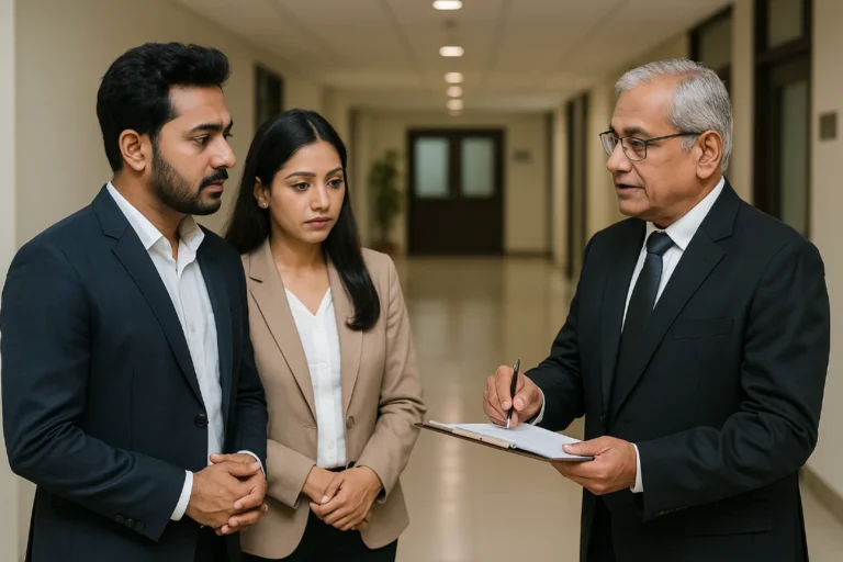 Divorce process in Hyderabad: couple with senior lawyer in court corridor