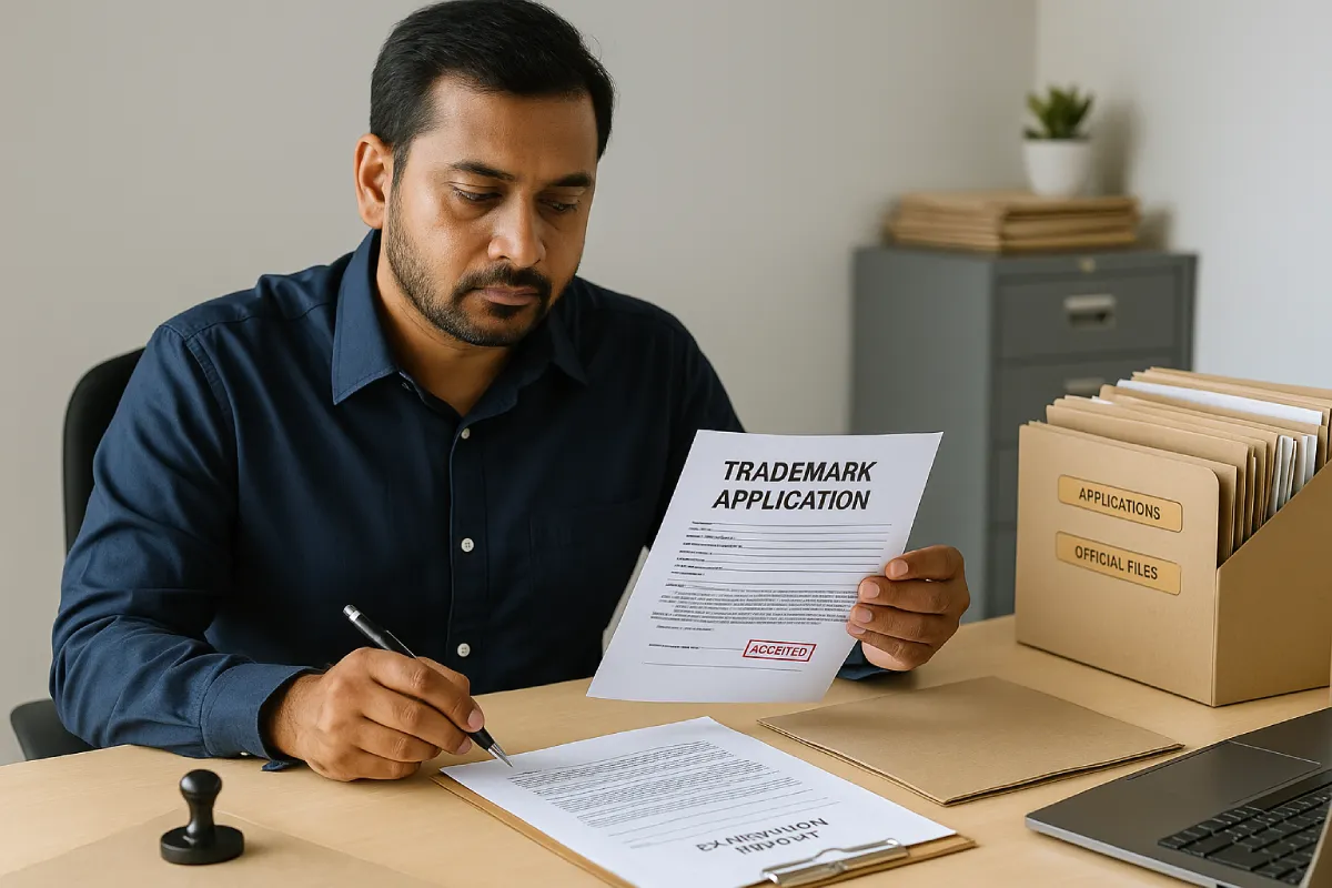 Indian trademark officer reviewing application papers and examination notes.
