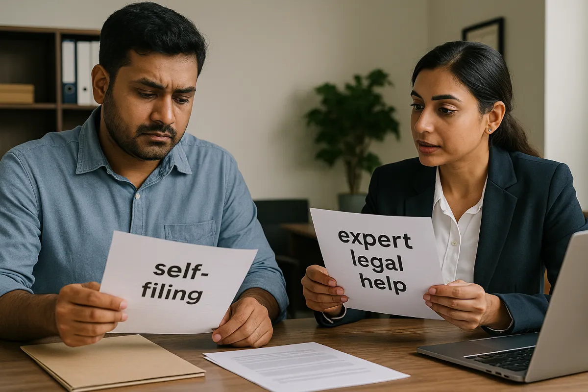 Indian business owner comparing self-filing and expert legal help for trademark process.