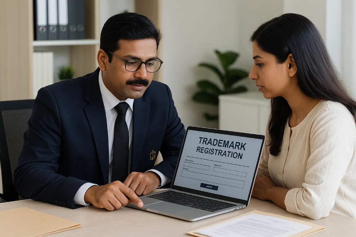 Indian lawyer helping client with online trademark registration process on laptop.