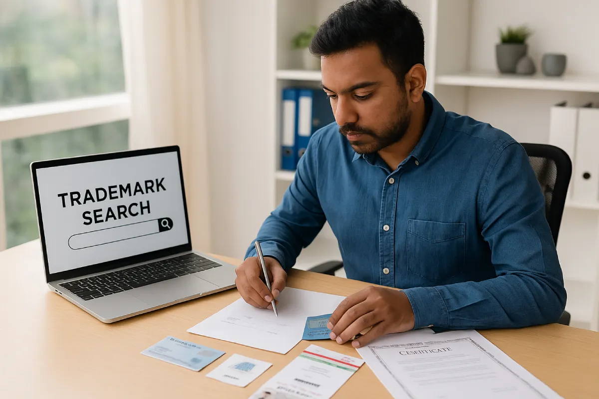 Indian entrepreneur preparing documents while learning what is a trademark and how to file.