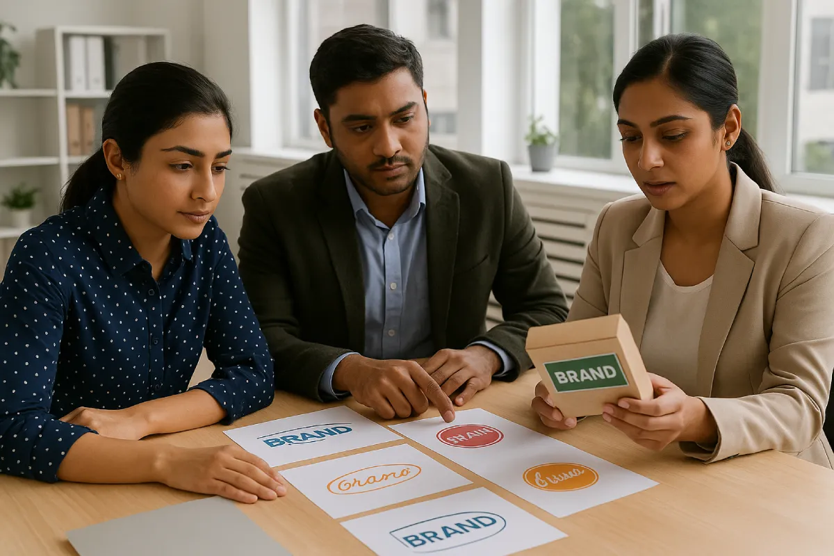 Indian team reviewing brand logos and packaging designs for trademark clarity.