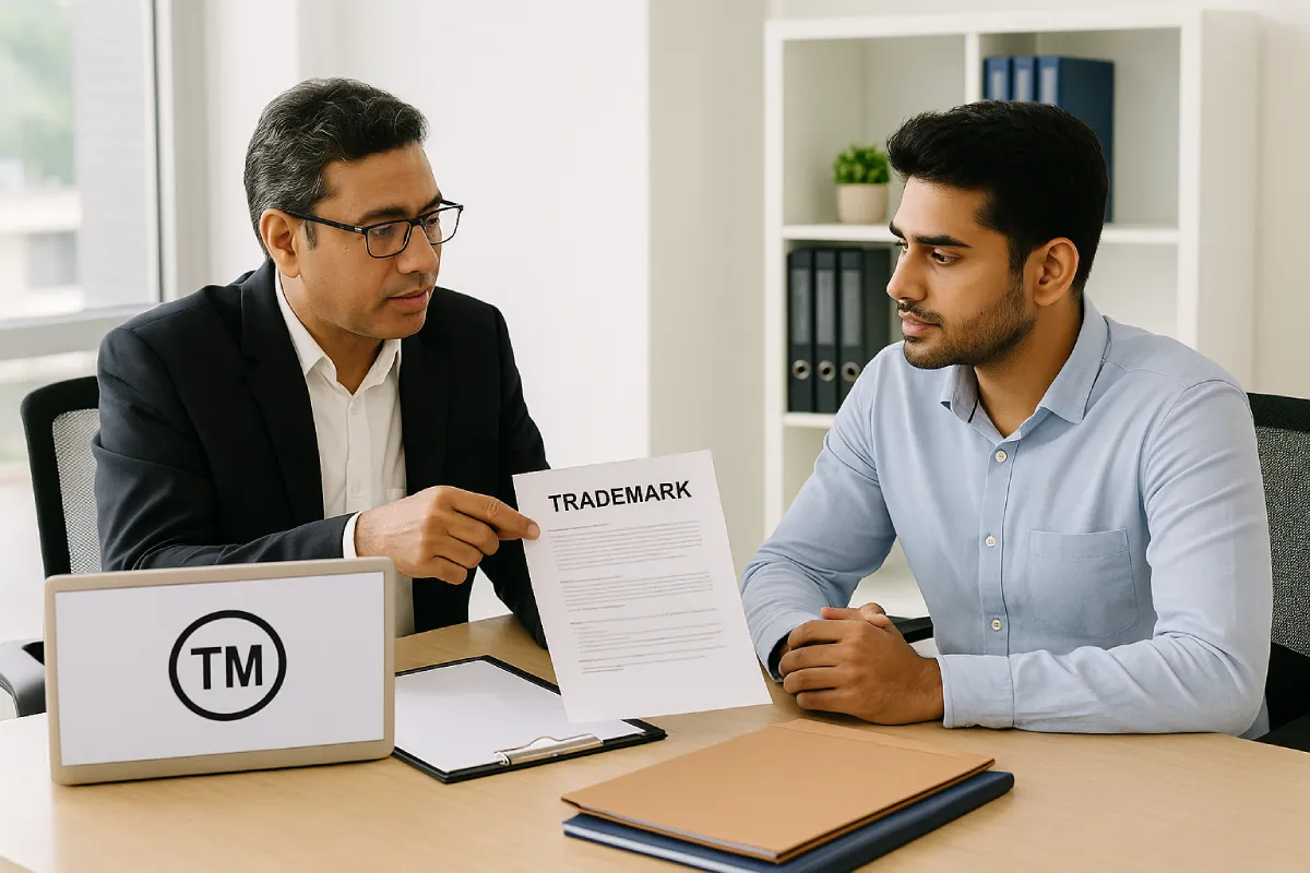 Indian lawyer explaining documents to client for better understanding of what is a trademark.