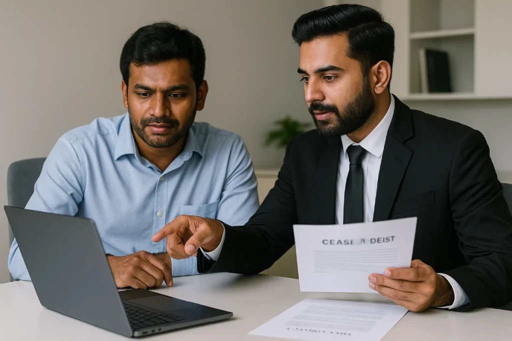 Entrepreneur with intellectual property lawyer reviewing infringement and cease-and-desist