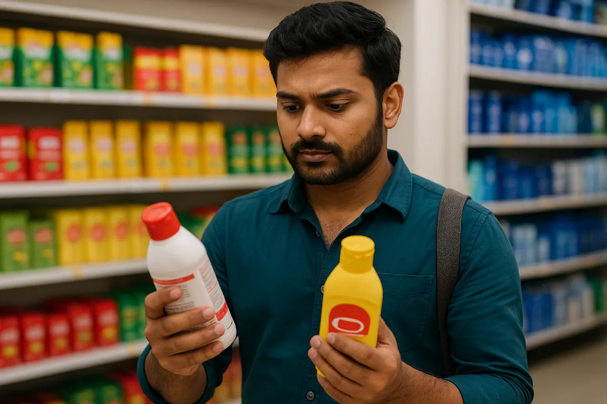 Indian shopper comparing similar products by branding to understand trademark value.